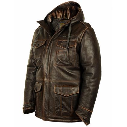 Куртка зимняя кожаная M65 Cap brown с капюшоном (Art.552)